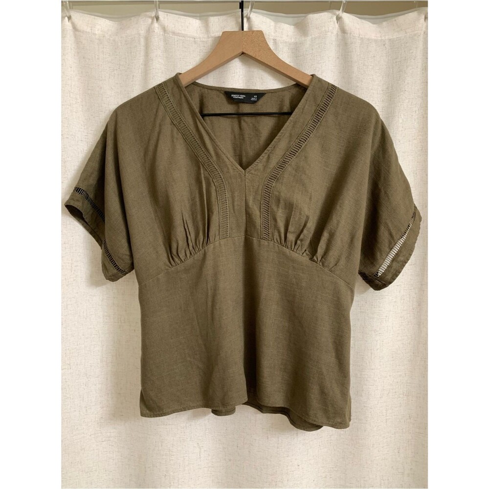 Simply Vera Vera Wang Linen Blend Olive V-Neck Peasant Blouse XS